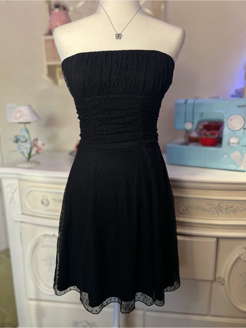 Y2k Twentyone Black Strapless Ruched Dot-Overlay A-Line Cocktail Dress